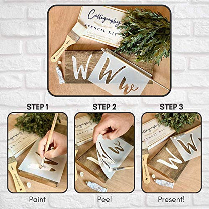 Boutique Calligraphy Stencil Template Kit | 45 Reusable Pieces | Lettering Upper, Lowercase, Large & Small | Numbers, Punctuation, Laurels and Flowers - For Arts Crafts Painting Wood (Calligraphy Kit) - style: Calligraphy Stencils