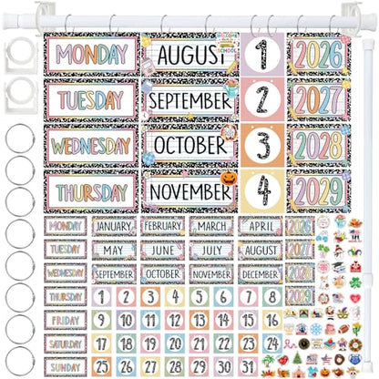 Tenare 115 Pcs Composition Notebook Classroom Calendar Set Composition Flip Calendar with 54 Date Cards 50 Festival Stickers Adjustable Rod Holder with O-rings for Classroom Back to School Supplies - style: Composition Notebook