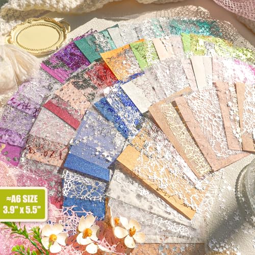 Aromoty 128 sheets Textured Scrapbook Paper&Gold Foil Mesh Fabric set-Mulberry Special Paper 8 Pack Mix for Scrapbooking Junk Journaling Supplies Card Craft Planner DIY Materials Collage,3.9x5.5 Inch