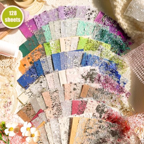 Aromoty 128 sheets Textured Scrapbook Paper&Gold Foil Mesh Fabric set-Mulberry Special Paper 8 Pack Mix for Scrapbooking Junk Journaling Supplies Card Craft Planner DIY Materials Collage,3.9x5.5 Inch