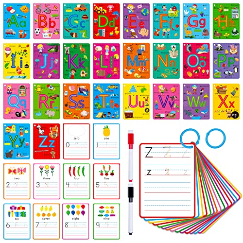 31 PCS Alphabet Flash Cards, Double-Sided Printing Dry Erase Letters Sight Words and Number Learning Cards Letter Tracing Practice Cards for Preschool, Kindergarten (2 Reclosable Rings & 2 Markers)