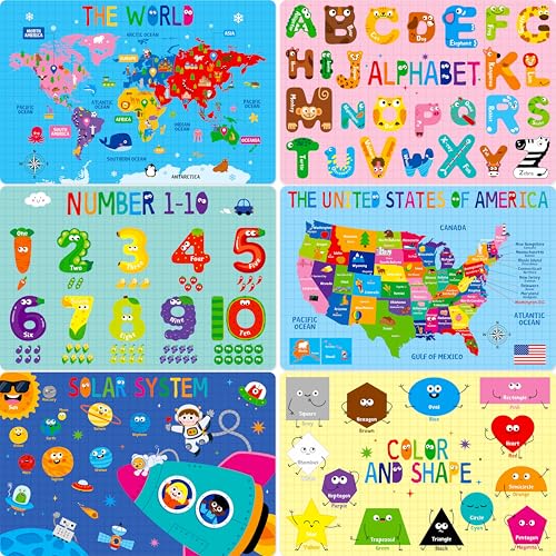 6 Pack Placemats for Kids, Non-Slip Washable, Reusable Alphabet, Number, Shape & Color, Universe, Map Themed Educational Placemats for Home, Kindergarten, Classroom, Nursery - style: Style-B