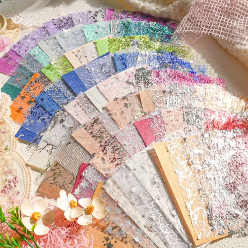 Aromoty 128 sheets Textured Scrapbook Paper&Gold Foil Mesh Fabric set-Mulberry Special Paper 8 Pack Mix for Scrapbooking Junk Journaling Supplies Card Craft Planner DIY Materials Collage,3.9x5.5 Inch