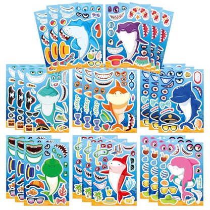24 Sheets Make Your Own Shark Stickers for Kids Toddlers, Sea Ocean Animals Birthday Party Favors Activities - style: Shark