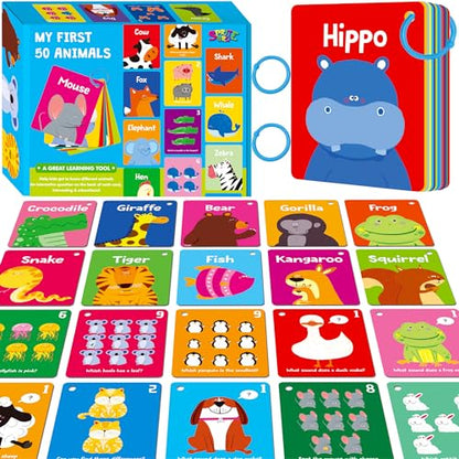 Animal Flashcards, 50 Double-Sided Cards, Wild/Farm/Marine Animal Cards Educational Learning Tools for Preschool and Toddlers Learning (2 Reclosable Rings Attached) - style: Animal Flashcards
