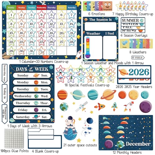 122pcs Outer Space Classroom Calendar Bulletin Board Decorations with Seasons Weather Festivals School Year Calendar for Back to School Elementary Classroom Must Haves