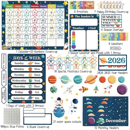 122pcs Outer Space Classroom Calendar Bulletin Board Decorations with Seasons Weather Festivals School Year Calendar for Back to School Elementary Classroom Must Haves