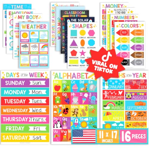Hadley Designs 16 Educational Posters for Classroom Must Haves - Laminated Pre-K Posters for Toddler Homeschool Essentials, Toddler & Preschool Learning Activities, Kindergarten Classroom Decor - color: Multicolors
