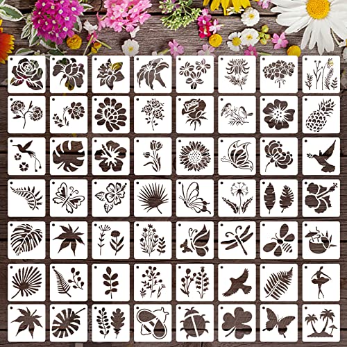Augshy 56 Pack Flower Stencils for Wood, Butterfly & Bird Stencils for Wall & Floor Decor DIY Rock Dot Painting Art Projects (3inch) - style: Flowering Plants