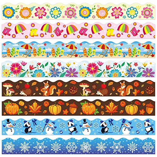 Whaline 82Ft Seasonal Bulletin Board Borders 8 Designs Scalloped Border Trim Teachers Classroom Blackboard Decor for Spring Summer Autumn Winter School Office Party Decoration, 72 Pcs