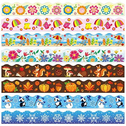 Whaline 82Ft Seasonal Bulletin Board Borders 8 Designs Scalloped Border Trim Teachers Classroom Blackboard Decor for Spring Summer Autumn Winter School Office Party Decoration, 72 Pcs