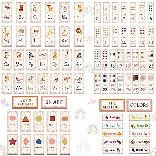 Harloon 80 Pcs Alphabet Bulletin Board Educational Cards Numbers Display Colors and Shapes Wall Decorations for Student Kindergarten Elementary Classroom and Nursery (Boho)