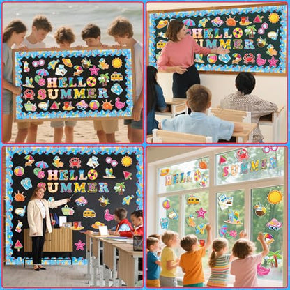 71 Pcs Hello Summer Bulletin Board Set Hawaiian Beach Slippers Sun DIY Borders Bulletin Trim Home School Hawaiian Tropical Party Supplies for Back to School Classroom Chalkboard Wall Door Decor - style: Coastal