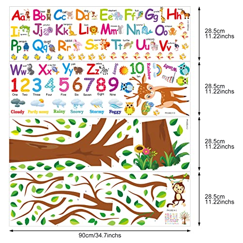 Pajean 4 Sheets Animal Alphabet Numbers Colour Decals for Kids Numbers Learning Children Educational Wall Decals ABC Weather Tree Stickers for Classroom Bedroom Playroom Room Decor Nursery
