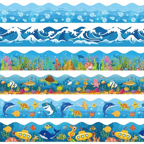 75Ft Ocean Bulletin Board Borders Under The Sea Scalloped Trim Summer Beach Pool Decorations Ocean Waves Sea Animal Fish Bulletin Borders Back to School Classroom Home Office Chalkboard Door Decor - color: Ocean