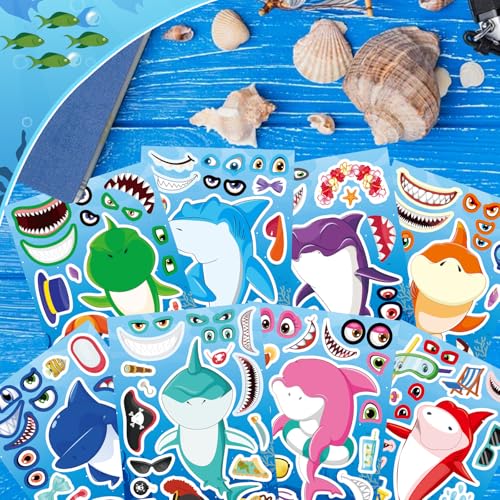 24 Sheets Make Your Own Shark Stickers for Kids Toddlers, Sea Ocean Animals Birthday Party Favors Activities - style: Shark