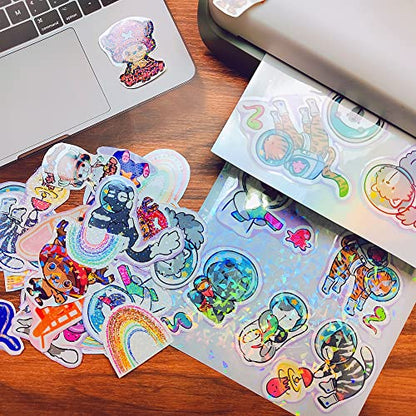 32 Sheets Holographic Sticker Paper Clear Vinyl Self Adhesive Waterproof Rainbow Transparent Overlay Film A4 Size Holographic Overlay with 4 Styles Mixed - style: Stars,rainbow,sparkle,broken Glass