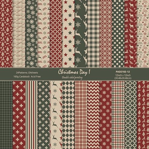 Scrapbook Paper Winter Patterned Paper for Scrapbooking, 24 Sheets Double Sided Colorful Holiday Decorative Craft Papers for Junk Journals Greeting Cards Decoration (A, 12x12 IN) - color: A