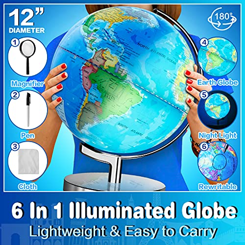 POOCCI 6 in1 Illuminated Large World Globe for Kids & Adults All Ages High Clear Map 12inch, Illuminates Educational Interactive STEM Toy, Light Up Kids Globe Lamp,Gifts For Boys And Girls - size: 12Inch