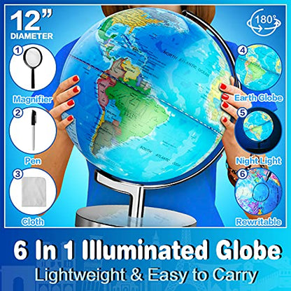 POOCCI 6 in1 Illuminated Large World Globe for Kids & Adults All Ages High Clear Map 12inch, Illuminates Educational Interactive STEM Toy, Light Up Kids Globe Lamp,Gifts For Boys And Girls - size: 12Inch