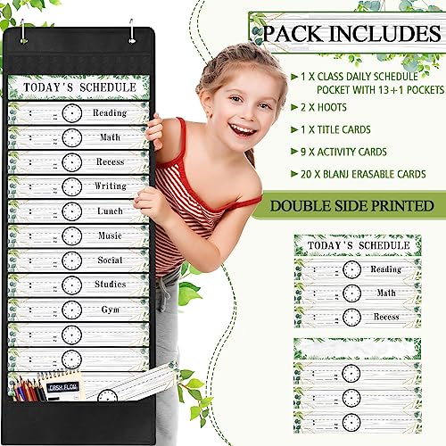 Tatuo Daily Schedule Pocket Chart Classroom Pocket Charts with Reusable Cards and 14 Pockets Farmhouse Classroom Supplies Greenery Schedule Charts for School Office Home Educational Activity(31 Pcs)