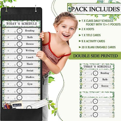 Tatuo Daily Schedule Pocket Chart Classroom Pocket Charts with Reusable Cards and 14 Pockets Farmhouse Classroom Supplies Greenery Schedule Charts for School Office Home Educational Activity(31 Pcs)
