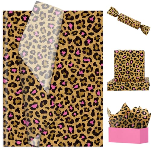 60 Sheets Leopard Print Tissue Paper Pink Floral Bouquet DIY Art Crafts Tissue Brown Safari Animal Gift Wrapping Paper for Home Classroom Office Party DIY Crafts Supplies, 14 x 20 Inch - color: Pink