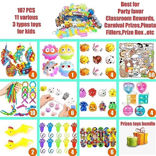 Leeche Premium Pop Party Favors Toys for kids,107PCS Prize Box Toys for All Ages kids,Birthday Party, School Classroom Rewards, Carnival Prizes, Pinata Fillers, Treasure Chest, Goody Bag Fillers