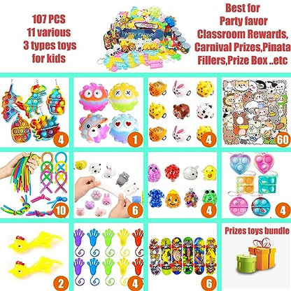 Leeche Premium Pop Party Favors Toys for kids,107PCS Prize Box Toys for All Ages kids,Birthday Party, School Classroom Rewards, Carnival Prizes, Pinata Fillers, Treasure Chest, Goody Bag Fillers