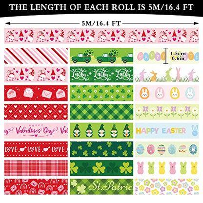 Whaline 24 Rolls Holiday Washi Tape Set Shamrock Easter Egg Heart Masking Tape 0.6 in Green Clover Happy Easter Valentines St. Patrick's Day Decorative Paper Stickers for Scrapbook DIY Craft, 16.4 Ft - style: Valentines St Patricks Easter