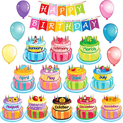 Outus 20 Pcs Happy Birthday Bulletin Board Set Birthday Chart Classroom Wall Decoration Cutouts B-Day Calendar Poster for School Class Bulletin Board Teaching Supply(Bright Style) - style: Bright Style