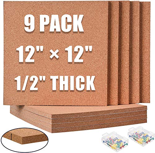 SUNGIFT Cork Board 12"x12" - 1/2" Thick Square Bulletin Boards 9 Pack Cork Tiles with 100 PCS Push Pins Mini Wall Self-Adhesive Corkboards Tiles for Wall - size: 12" x 12" - Square - 9 PACK - Self-Adhesive