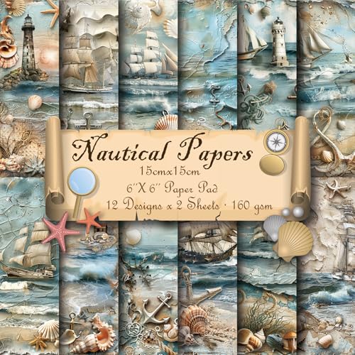 6x6" 160gsm cardstock Single Sided Scrapbooking 24 Paper Pad vintage decoupage scrapbook kit patterned paper junk journal supplies journaling supply scrap crafting.Nautical - color: 24sheets-Nautical Paper