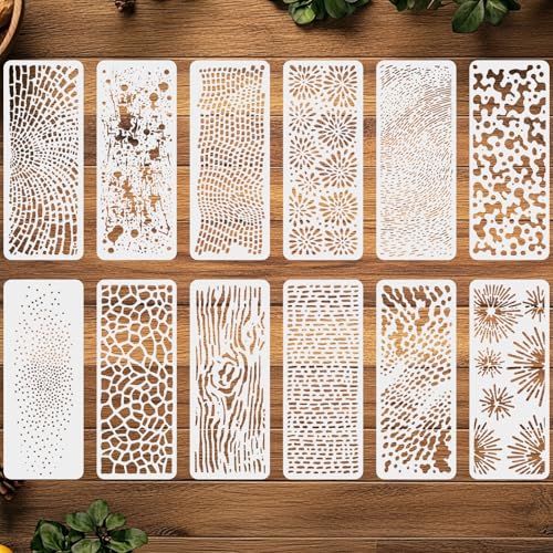 ORIGACH Abstract Texture Stencils for Crafts, 12 Pcs Reusable Leopard Brick Tree Stain Dot Pattern Background Layering Templates for Painting on Wood, Wall, Canvas & Furniture, 11.8 x 4.7 inch - style: Abstract Texture