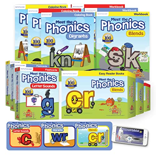 Meet the Phonics BIG SET! – Bundle with Letter Sounds, Digraphs & Blends: 3 Sets of Easy Reader Books, 3 Workbooks, 3 Coloring Books, 3 Sets of Flashcards + Video Downloads!