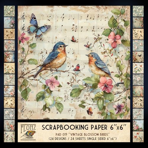 FLONZ Scrapbook Paper (24 sheets 6"x6") Vintage Blossom Birds ~ A delicate collection of floral and songbird illustrations in aged pastel tones with distressed textures and soft painterly charm