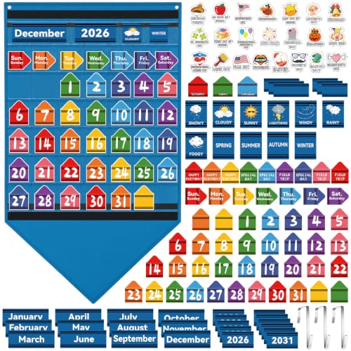 Weysat 128 Pcs Crayon Classroom Calendar Pocket Chart Set Crayon Calendar Bulletin Board with Pocket Season Festival Weather Date Chart for Preschool Elementary School Teacher Supplies - style: Crayon