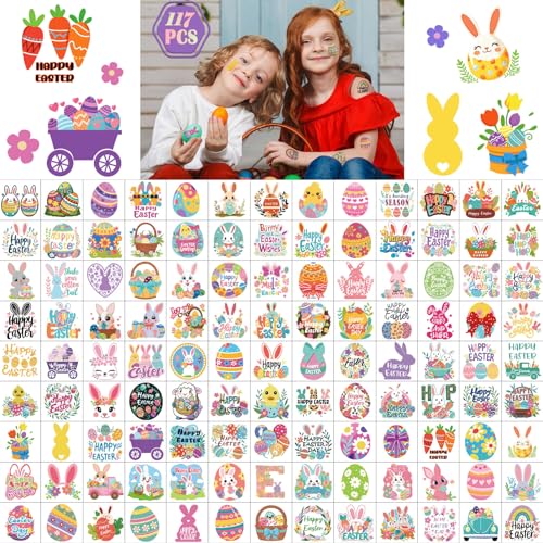 117 PCS Easter Temporary Tattoos for Kids, Egg Bunny Fake Tattoos,Face Body Sticker for Boys and Girls, Tiny Tattoos for Easter Holiday Party Favor Decorations - color: Easter