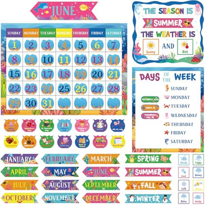 Tenare 169 Pcs Ocean Animals Classroom Calendar Bulletin Board Set, Calendar Seasons Weather Chart Bulletin Board and Classroom Display with Stickers for Bedroom Wall Decoration - style: Ocean Animals
