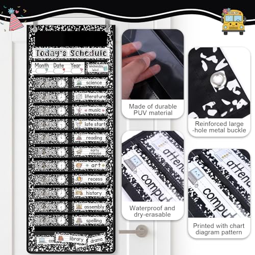 Gueevin Composition Book Daily Schedule Pocket Chart & Card Set Include 1 Hanging Chart with 24 Pockets 2 Metal Hooks 60 Schedule & Activity Cards Reusable Calendar for Kindergarten Daycare Decor - style: Composition Book