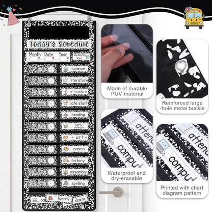 Gueevin Composition Book Daily Schedule Pocket Chart & Card Set Include 1 Hanging Chart with 24 Pockets 2 Metal Hooks 60 Schedule & Activity Cards Reusable Calendar for Kindergarten Daycare Decor - style: Composition Book
