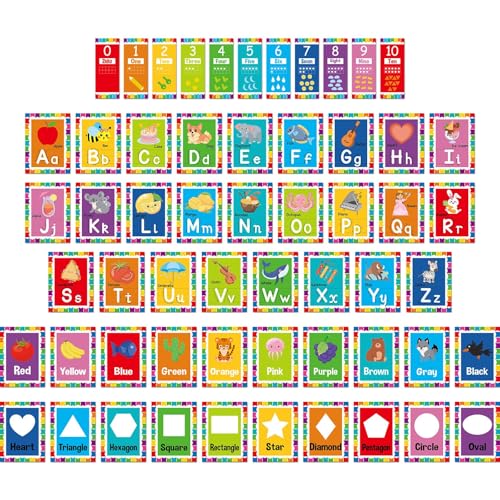 57 Pcs Alphabet for Classroom Wall ABC Alphabet Poster Letters Number line Colors Shapes Wall Chart Cards Bulletin Board Decorations for Back to School Classroom Decor(Colorful Flag) - style: Colorful Flag