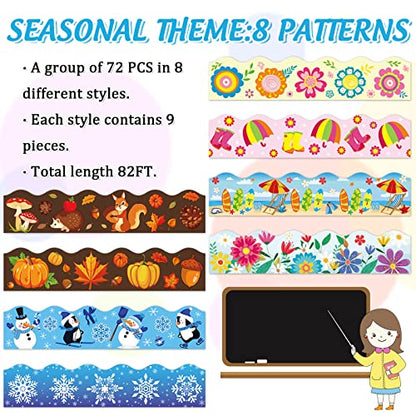 Whaline 82Ft Seasonal Bulletin Board Borders 8 Designs Scalloped Border Trim Teachers Classroom Blackboard Decor for Spring Summer Autumn Winter School Office Party Decoration, 72 Pcs