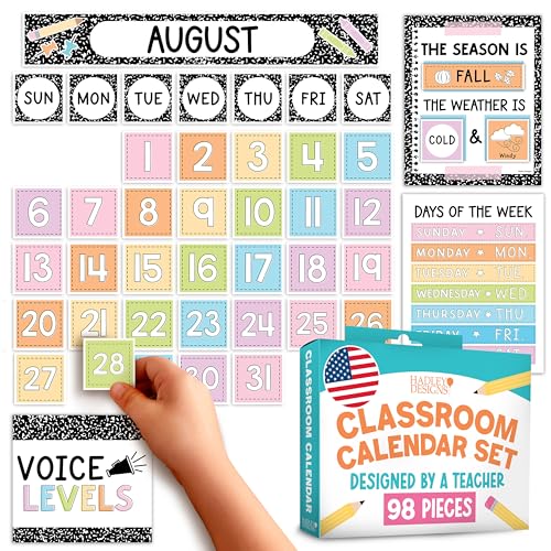 Hadley Designs Classroom Calendar Set Bulletin Board Decorations - Pastel School Calendar for Classroom Decor, Kindergarten Preschool Elementary Teacher Must Haves, Homeschool & Daycare Essentials - style: Composition Notebook