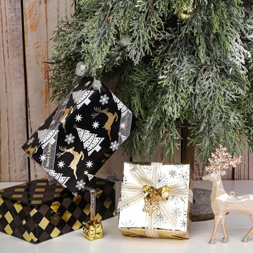 LeZakaa Black Gold Christmas Wrapping Paper Mini Roll, Reindeer Snowflake Tree Grid Metallic Foil Holiday Gift Wrap, DIY Craft, for Xmas Winter Party, 17 x 120 inches, 3 Rolls - color: Reindeer, Snowflake, Grid