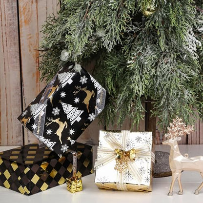 LeZakaa Black Gold Christmas Wrapping Paper Mini Roll, Reindeer Snowflake Tree Grid Metallic Foil Holiday Gift Wrap, DIY Craft, for Xmas Winter Party, 17 x 120 inches, 3 Rolls - color: Reindeer, Snowflake, Grid