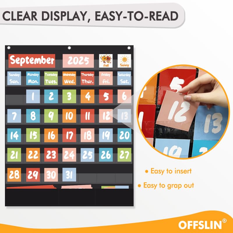 Classroom Calendar Pocket Chart with 70pcs Cards, Kids Calendar Pocket Chart for Classroom Decor, Circle Time Learning Center, School Homeschool Supplies (Black A)