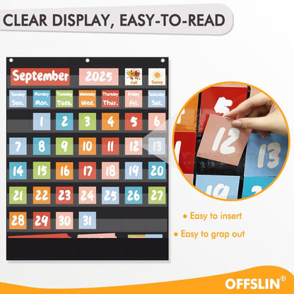 Classroom Calendar Pocket Chart with 70pcs Cards, Kids Calendar Pocket Chart for Classroom Decor, Circle Time Learning Center, School Homeschool Supplies (Black A)