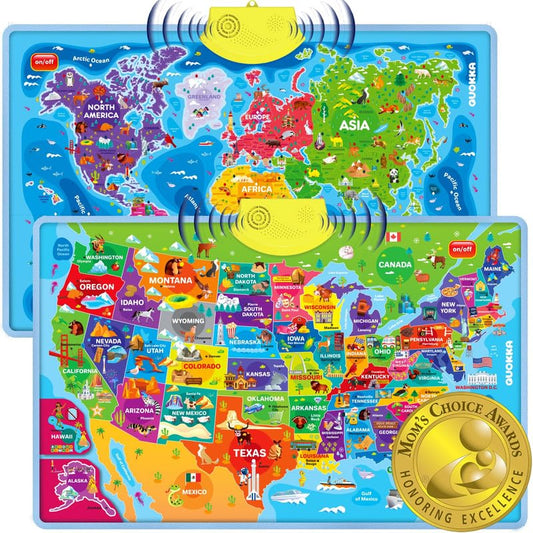 QUOKKA Educational Toys for Kids 5-7 Year Old - USA World Maps Puzzle Learning Wall Chart for Toddlers Age 3 4 6+ - Interactive Speech Therapy Poster Boy Girl - Autism Geography Puzzle Game 8-10-12 - style: USA World Maps
