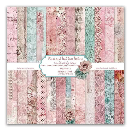 Pink Lace Scrapbook Paper Vintage Flower Pattern Papers Pad 12×12,24 Sheets Double-Sided Bobo Floral Scrapbooking CardStock Paper Pad for Holiday Cardmaking DIY Origami Papers. - color: Pink
